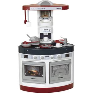 Klein Toys Miele keukendriehoek - kookplaat, espressomachine, oven, vaatwasser, afzuigkap, gootsteen - incl. bijpassende accessoires, licht- en geluidseffecten - rood grijs