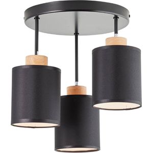 BRILLIANT lamp, Vonnie rond plafond 3-vlams zwart/houtkleurig, 3x A60, E27, 25W, hout uit duurzame bosbouw (FSC)