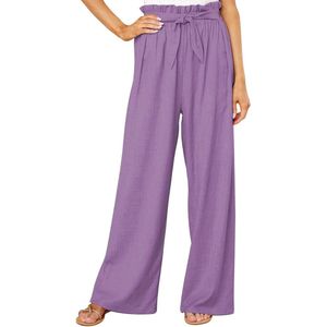 Wijde Pijpen Elegante Vrouwen Broek - Lange Loungebroek met Riem - Paarse Palazzo Broek - Losse Fit - Maat L