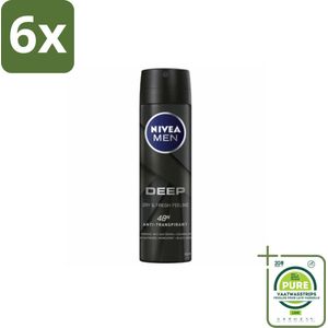NIVEA MEN – Deodorant spray – Deep – 150 ml - Voordeelverpakking - 6 stuks - Anti-transpirant spray - Zweetgeur