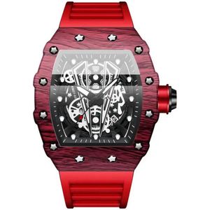 Luxe Heren Horloge - Mannen - Ruberen Polsband - Rood en Zwart - Luxe Doos - Tijdloos -
