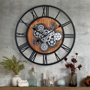Houten Grote Industriele Zwarte Wandklok met Draaiende Tandwielen Rond 57 cm Romeinse Cijfers Decor Muurklok voor Woonkamer Slaapkamer Bar