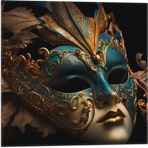 Vlag - Venetiaanse carnavals Masker met Blauwe en Gouden Details tegen Zwarte Achtergrond - 50x50 cm Foto op Polyester Vlag
