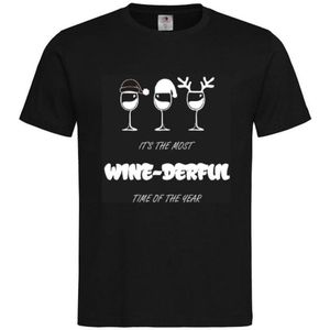 T-shirt Unisex Volwassenen Fout Foute Kerst Kerstmis Vrouw Grappig Tekst ""It's the most WINE-DERFUL time of the year"" Kerstmuts Elvenmuts Gewei | korte mouw | Zwart/Wit | maat S