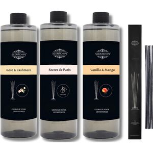 Navulling Rose & Cashmere + Secret de Paris + Vanille & Mango + Geurstokjes - Geurstokjes Navulling Set van 3 + 5 Geurstokjes - Geurverspreider - Luchtverfrisser - Huisparfum - 400ml x 3
