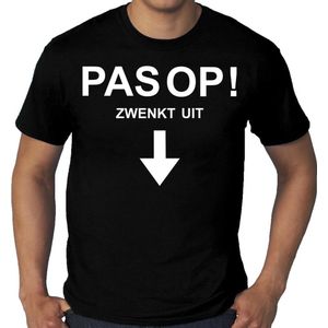 Grote maten PAS OP zwenkt uit fun/tekst t-shirt zwart voor heren - Grappige tekst shirts voor plus size heren XXXL