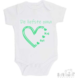 100% katoenen Romper ""De liefste oma met de namen van 2 kleinkinderen"" Unisex Katoen Wit/mint Maat 62/68