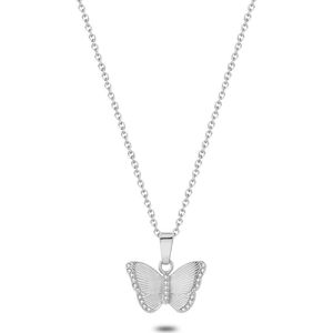 Twice As Nice Halsketting in edelstaal, vlinder met steentjes, lengte verstelbaar. 42 cm+5 cm