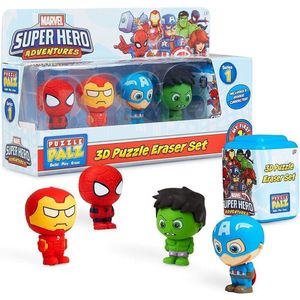 Marvel - Super Hero adventures - Spiderman - Iron Man - Hulk - Captain America - 3D Puzzle Eraser - Mini Funko Pop + 1 Secret Figurine
