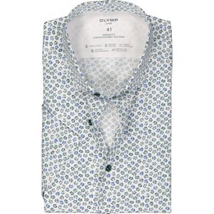 OLYMP 24/7 modern fit overhemd - korte mouw - dynamic flex - wit met blauw en groen bloemen dessin - Strijkvriendelijk - Boordmaat: 41