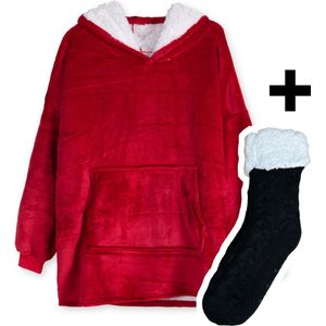Zoem - Fleece deken met mouwen - inclusief fleece sokken - combi deal - fleece plaid - sweater -super zacht - 280 gsm - Rood - trui - Snuggle - Hoodie - Snuggle Hoodie - Oversized fleece - wintertrui