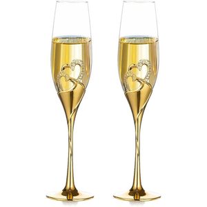 Gouden champagnefluiten - hartvormige champagneglazen set van 2 - bruiloft cadeau voor bruid en bruidegom - metalen kristallen - verlovingsgeschenk