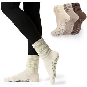 Antislip sokken - antislip sokken pilates - Eén maat 36-46 - yoga sokken - yoga sokken antislip - Geschikt voor Lange Scrunch Slipper Sokken - 3 paar - geschikt voor yoga, ballet, dans, ballet, fitness - Khaki, Bruin, Beige - One Size