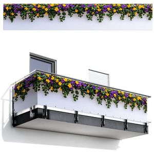 Balkonscherm 500x90 cm - Balkonposter Bloemen - Muur - Geel - Paars - Balkon scherm decoratie - Balkonschermen - Balkondoek zonnescherm