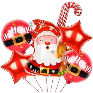 Kerstman Cadeau Folie Ballonnen - 6 Stuks - Kerstman & 2 Ster & 2 Rond Ballonnen & een Kerst andy Cane - Kerst Versiering - Kerstdecoratie