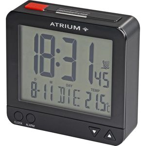 ATRIUM Wekker - Digitiaal - Digitale Klok - Radiogestuurd - Alarm - Zwart - Verlichting - Lichtsensor - Opbouwend Alarmsignaal - Snooze - Duidelijk - Reiswekker - Wektijd - Datum - Weekdag - Binnentemperatuur - Wekkers Slaapkamer - A740-7