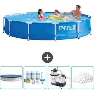 Intex Rond Frame Zwembad - 366 x 76 cm - Blauw - Inclusief Afdekzeil - Onderhoudspakket - Zwembadfilterpomp - Filterbollen