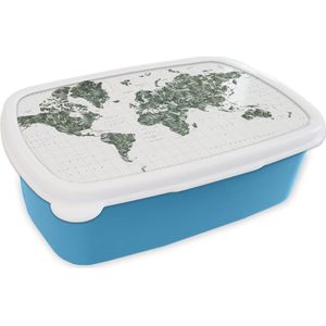 Broodtrommel Blauw - Lunchbox - Brooddoos - Wereldkaart - Bladeren - Tropisch - 18x12x6 cm - Kinderen - Jongen