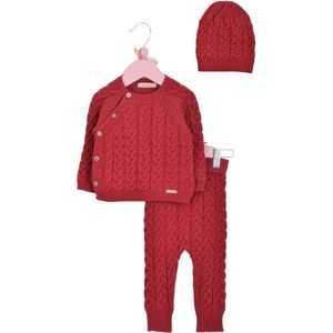 Minora Baby Winter Kledingset- Broek, Trui en Muts voor Jongens en Meisjes-Bovenkleding en Broeken- Kraamcadeau - Babyshower-Newborn driedelige gestreepte vlechten-1/3 Maanden- Rood