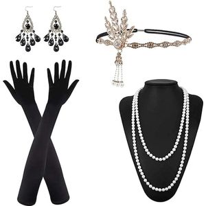 5 stuks 1920 accessoires set, grote Gatsby accessoires voor dames, jaren 20 mode hoofdband, lange handschoenen, parel ketting, oorbellen, flapper hoofdband, Great Gatsby Fancy Dress voor vrouwen