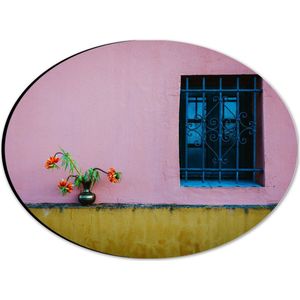 Dibond Ovaal - Vaasje met Bloemen op Muur van Roze Woning - 28x21 cm Foto op Ovaal (Met Ophangsysteem)