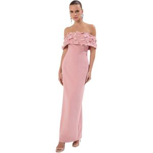 Trendyol Zwarte Carmen Kraag Bloemenapplicatie Gedetailleerde Geweven Lange Elegante Avondjurk Afstudeerjurk Tprss25Ae00107