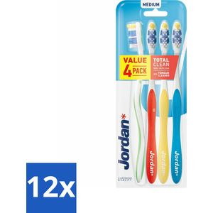 12 x Jordan Tandenborstel Total Clean Medium 4-pack 4 stuks per verpakking - Tandenborstel - Tanden Poetsen - Mondverzorging - Tandenborstel Set - Tandenborstel Medium