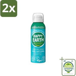 Happy Earth – Deodorant Natural Air Spray – 100% Natuurlijk Cedar Lime – 100 ml - Voordeelverpakking - 2 stuks - Natuurlijke deodorant - Cederhout en limoen