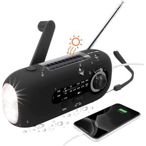 Noodradio - Noodradio's - Draagbare noodradio - 2000mAh Zonnesolar dynamo, IPX3 waterdicht, AM/FM, LED zaklamp, SOS-alarm, kleine radio, Geschikt voor nood situaties (Zwart)