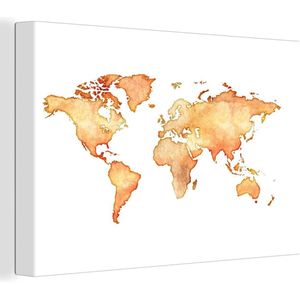 Canvas Wereldkaart - 120x80 - Wanddecoratie Wereldkaart - Oranje - Waterverf