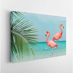 Vintage and retro collage photo of flamingos standing in clear blue sea with sunny sky with cloud and green coconut tree leaves in foreground. - Modern Art Canvas - Horizontal - 1259081695 - 50*40 Horizontal