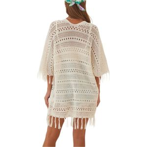 Happinessistanbul Crème Opengewerkt Damesvest Met Kwastjes Mw00067