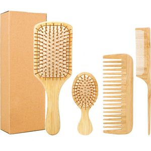 Bamboe Haarborstel en Kam Set - Haarborstel - Anti Klit Haarborstel - Hoofdmassage - Detangler Brush - Kam voor Krullen - Alle Haartypen - Scalp Massager Bamboe