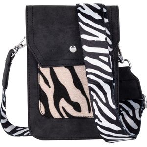 Nouka Zwarte Dames Tas - Clutch – Schoudertas – Crossbody – Telefoontasje - met Zebraprint en Verstelbare & Afneembare Tassenriem / Schouderriem