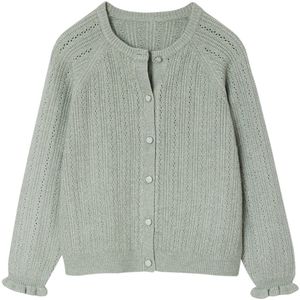 Meisjesvest van opengewerkt breiwerk saliegroen