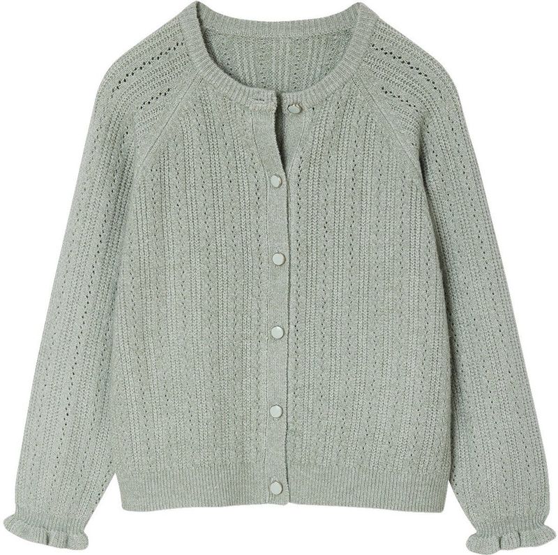 Meisjesvest van opengewerkt breiwerk saliegroen