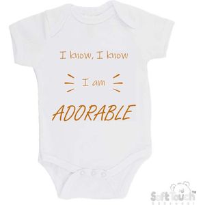 100% katoenen Romper "I know, I know I am ADORABLE" Unisex Katoen Wit/tan Maat 62/68