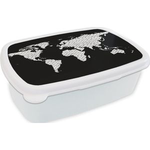 Broodtrommel Wit - Lunchbox - Brooddoos - Wereldkaart - Wit - Grijs - 18x12x6 cm - Volwassenen