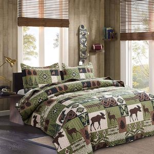 Rustieke Quiltset - Beddengoed met Beren - Set van 1 - Olijfgroen/Wit - Queensize