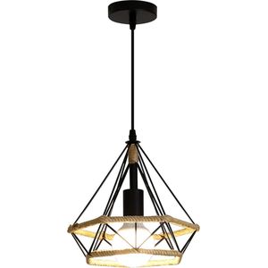 Goeco - Zwarte Hanglamp - metalen - henneptouw - voor binnen - industriële - met 1 lichtpunten - eetkamer - slaapkamer - pendellamp - E27 fitting - excl. lichtbronnen