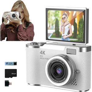 4K opvouwbare schermstudentencamera - 2025 Nieuwe point-and-shoot digitale camera's, FHD 4K digitale camera voor fotografie met kantelbaar scherm, 8x zoom 48MP digitale camera voor tieners en volwassenen (wit, 64 GB)