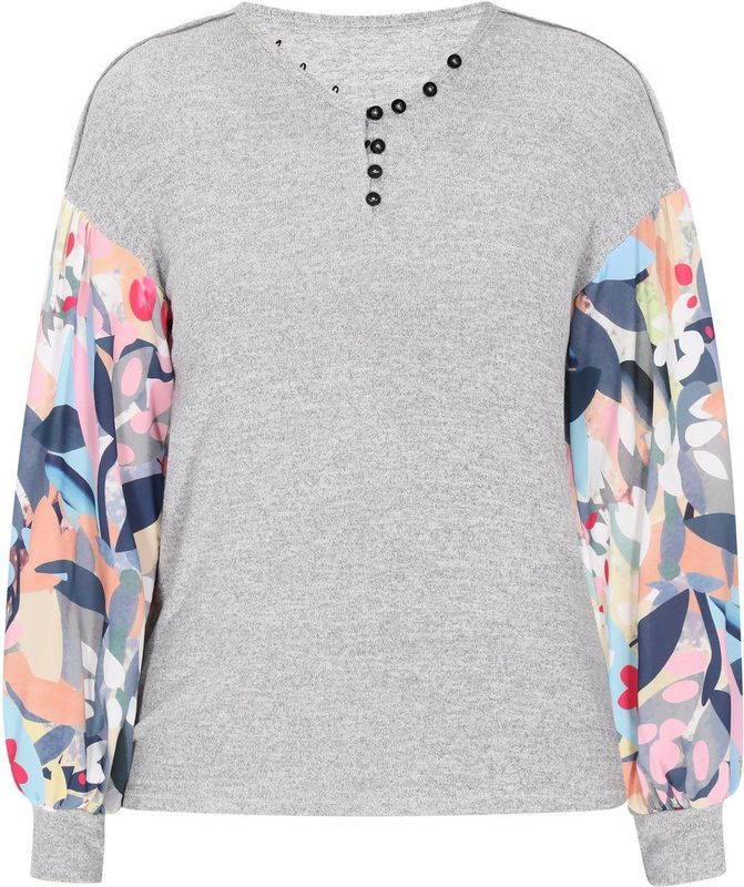 Usha - Fashion Look - Gebreide Trui - Marine - Lichtgrijs - Lichtoranje - Wit