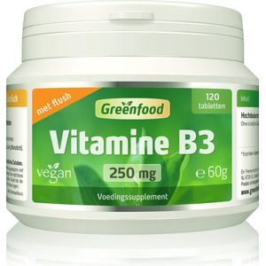 Greenfood Vitamine B3 (niacine), 250 mg, flush, high-dose, 120 tabletten, veganistisch - Zonder kunstmatige toevoegingen. Zonder genetische manipulatie.