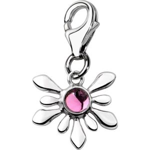 Quiges – 925 - Zilver – Charm - Bedel - Hanger - Bloem met Roze Steen - met – sterling - zilver - karabijnslot - geschikt - voor -Bedelarmband HC003