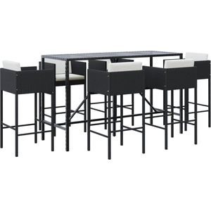 vidaXL 7-delige tuinbarset met kussens - zwart Tuinbarset - Bartafel - Barstoelen - Buitendecoratie - Poly Rattan