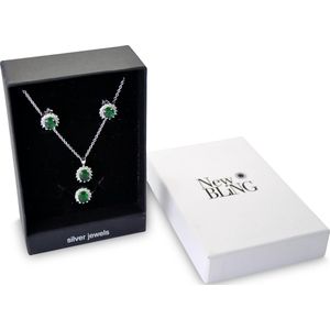 New Bling Gift Set 9NB SET010 56 Sieraden Geschenkset Zilveren Oorbellen 6x8 mm Collier 40+5 cm Ring maat 56 - Solitair Zirkonia steen - Zilverkleurig / Groen