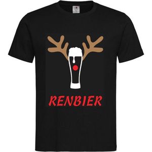 T-shirt Unisex Volwassenen Fout Foute Kerst Kerstmis Man Vrouw Grappig Tekst ""Renbier"" met gewei Rendier Op Voorkant | korte mouw | Zwart/Wit/Rood/Cappuccino | maat S