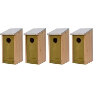 4x Houten vogelhuisjes/nestkastjes met lichtgroene voorzijde en metalen dakje 26 cm - Vogelhuisjes tuindecoraties