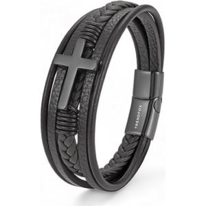 Armband Heren - Zwart Leer met Zwart Kruis - 21cm - Leren Armbanden - Cadeau voor Man - Mannen Cadeautjes Accesoires