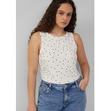 QS - Blousetop - Ecru/Zwart - Mouwloos - Slanke Pasvorm - Gestippeld Patroon